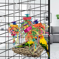 GSF Jouet pour oiseaux en filet tressé à la main en herbe, filet à gratter pour perroquet avec 3 cordes à mâcher en bois