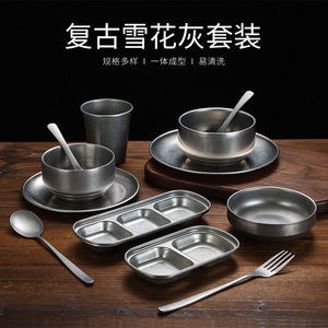 Stainless Steel Tableware Set Rectangular Plates Bowls Cups Durable Daily Use - Product Image 3