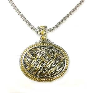 Collier chaîne à maillons bicolore TJ Magic, plaqué rhodium et or, avec corde tressée en diamant et pendentif ovale en forme de blé - Product Image 2