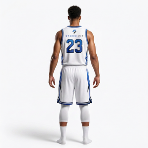 Storm Fit Men's Basketball Uniform Set Sublimated Print V-Neck Sleeveless Moisture Wicking <b>Athletic</b> White Blue - Product Image 3