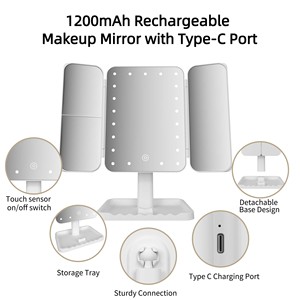 <span class=keywords><strong>Miroir</strong></span> de maquillage pliable à trois volets avec lumière LED de haute qualité, rechargeable par type C, réglable - Product Image 6