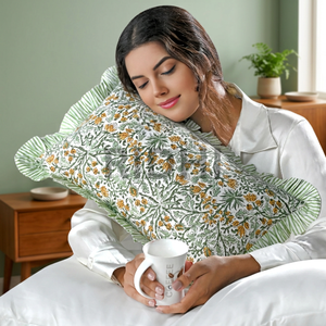 RIDHI 12x20 Western Floral Ruffle Goldenrod Yellow Lumbar Pillow <b>Cover</b> Hand Block Print Cotton Customizable Removable Decor - Product Image 3