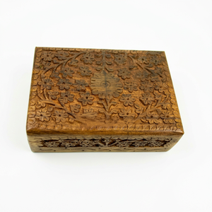Natural Finish Folk Art Sheesham <b>Wood</b> Through-Carved Decorative Jewellery Storage Box Rectangular Shape for Wedding Decoration - Product Image 1