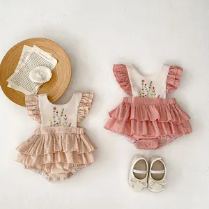 Nouveau-né bébé fête barboteuse pour nourrissons manches volantes coton doux broderie fleur petites filles robe barboteuse