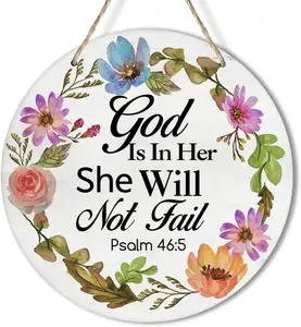 Psalm 46:5 God is in Her Wreath for Front Door Circle Sign Rustic Scripture Wooden Round Hanging Plaque Christian Wall Decor