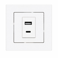 Chargeur mural moderne USB-A et USB-C, double port, prise de courant, design fin, faceplate carrée mate blanche pour la maison et l'hôtel
