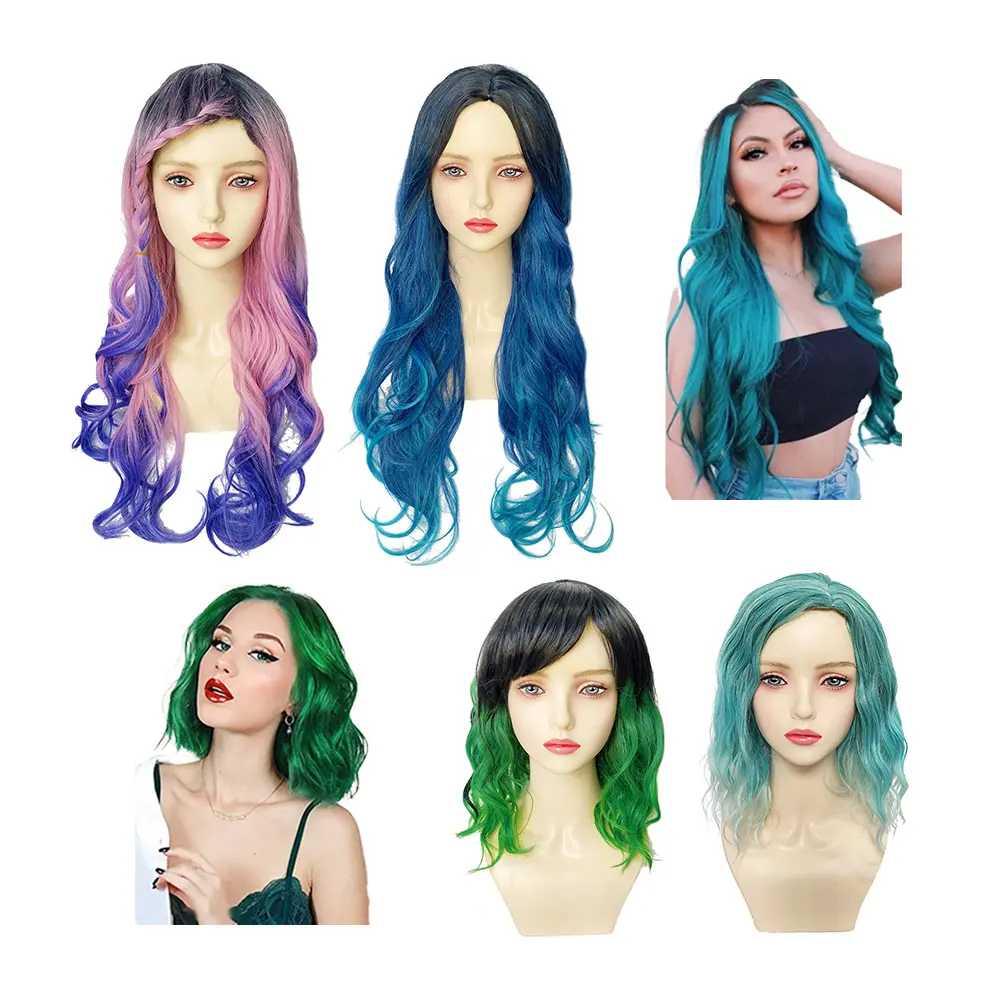 Shinein pas cher Ombre violet bleu cheveux Cosplay perruque Afro bouclés résistant à la chaleur synthétique coloré perruques pour fête costumée