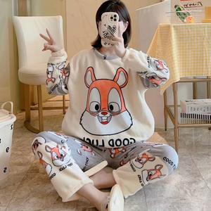 Pijama <span class=keywords><strong>de</strong></span> lana coral <span class=keywords><strong>de</strong></span> cuello redondo para mujer, felpa y cálido en invierno, dibujos animados lindos y dulces - Product Image 1