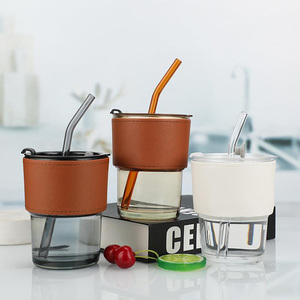 Canecas de Café Modernas Reutilizáveis de Vidro Isolado Ecológicas de 400ml à Prova de Vazamento com Suporte de PU de Padrão Sólido para Volta às Aulas - Oferta Imperdível - Product Image 1