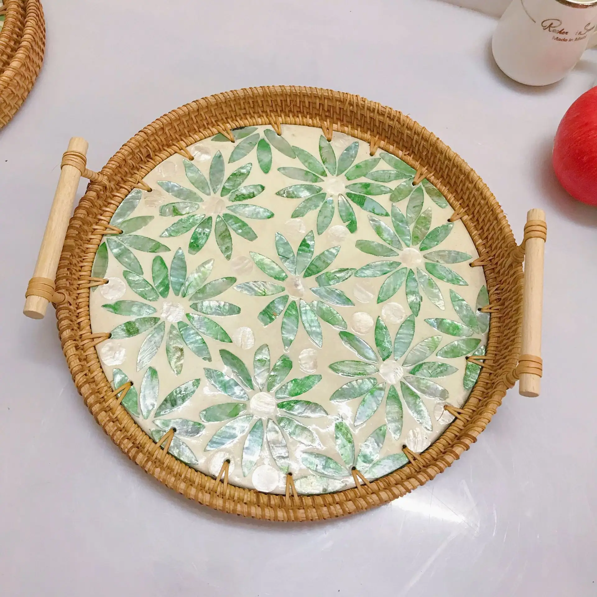Unique woven rattan round serving tray handmade natural mother of pearl rattan tray