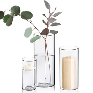 Vas kaca borosilikat tinggi transparan Logo kustom untuk toples tempat lilin kaca bunga untuk pernikahan
