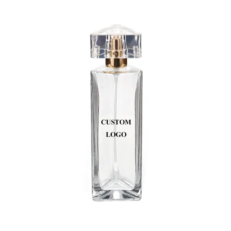Bouteille de parfum en verre de luxe 50ml, bouchon de pulvérisation rond, supplément vide, bouteille de parfum rectangulaire vide