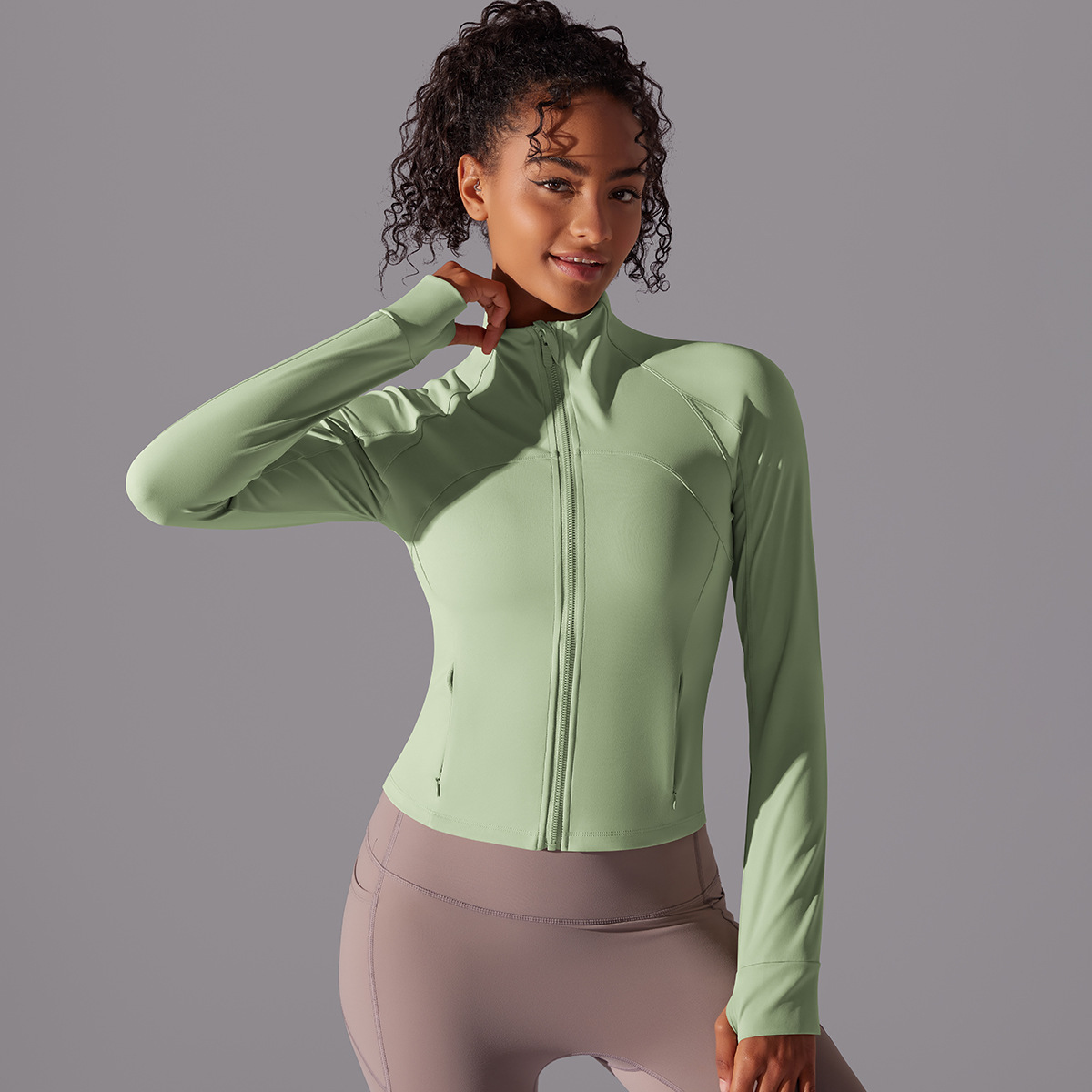 Solid Stand Collar Long Zip Jacket Brushed Fitted Yoga Top Women Running Workout Long Sleeve Slim Fit