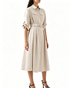 Robe chemise midi élégante beige <span class=keywords><strong>sable</strong></span> pour femme, tenue de travail décontractée pour le bureau, personnalisable avec logo, couleur et taille, broderie - Product Image 4