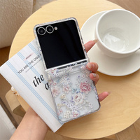 Coque de téléphone transparente élégante à motif floral pivoine pour Galaxy Z Flip 8-3 avec sangle perlée mixte, étui de protection pliable