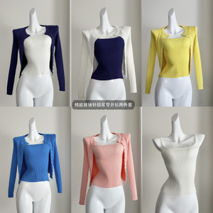 Conjunto Feminino de <span class=keywords><strong>Cardigan</strong></span> Slim-Fit Multicolorido com Alças, Estilo Coreano, Design de Garota Picante, Outono, Frente de Seda - Product Image 2