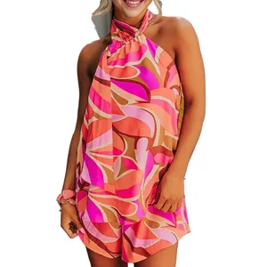 Conjunto de duas peças para mulheres, blusa e shorts halter com estampa floral, roupa de praia personalizada de verão 2024, 2 peças