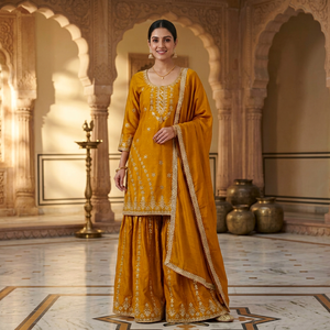 Robe Anarkali brodée en soie dorée pour femme, tenue ethnique traditionnelle longue, style Inde Pakistan, robe de mariée - Product Image 1