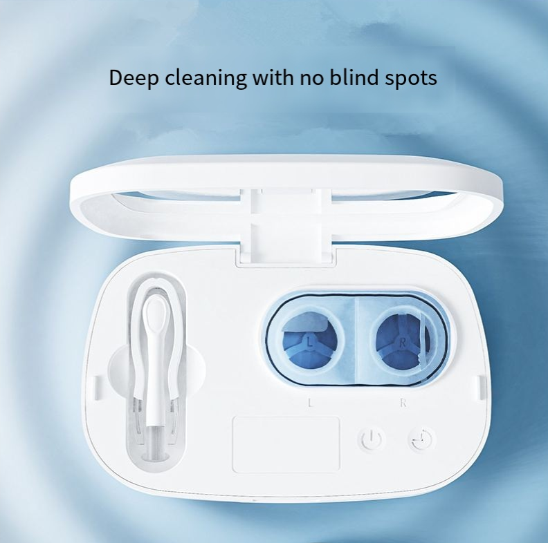White and blue gradient Ultrasonic Contact Lens Cleaner Machine Automatic Washer Case with UV Light LED Display 4 Timer Modes Type-C Rechargeable Portable for Travel
