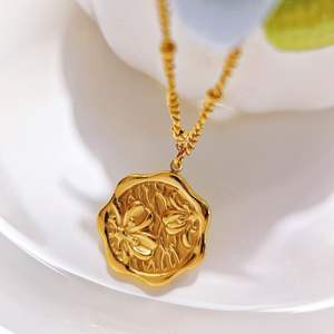 Tarnish Free Jewelry 18k Gold Plated Engraved Cherry Flower <strong>Coin</strong> Stamp Pendant Stainless Steel <strong>Necklace</strong> - Product Image 3