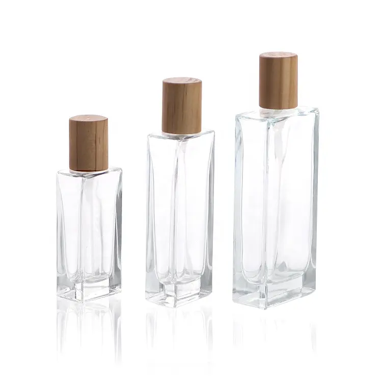 Wooden Cap Clear Square Perfume Empty bottle Cosmetic Packaging Glass Perfume Bottle Spray For Perfume