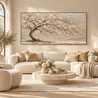 Peinture à l'huile texturée 3D sur toile, motif arbre à fleurs blanc ivoire, art mural floral panoramique pour hôtel de luxe, villa, salon
