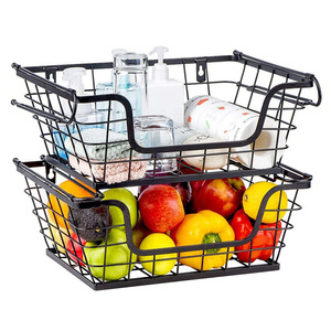 Kitchen Countertop Cabinet Pantry Hanging <strong>Wall</strong> Mounted Stackable Metal Wire <strong>Storage</strong> <strong>Basket</strong> With Handles - Product Image 2