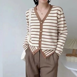 Vintage V-neck Striped Long-sleeved Knitted Cardigan Women's Early Autumn Thin Loose Lazy Style Short Outer <strong>Top</strong> - Product Image 1