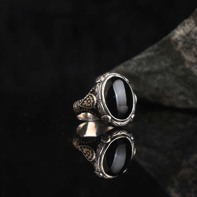Zircon Crystal Cut Stone Men Ring Traditional Motif 925 Silver Turkish Wholesale Silver Jewelry Turkish Handmade Ring