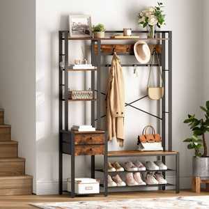 Porte-manteau industriel en gros, style vintage en bois et métal avec banc à <span class=keywords><strong>chaussures</strong></span>, marron rustique pour entrée et couloir - Product Image 4