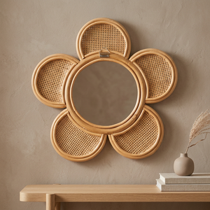 Bohemian <b>Flower</b> Shape Rattan Mirror Wood Frame <b>Wall</b> Decorative Home Hanging Mirror - Product Image 4