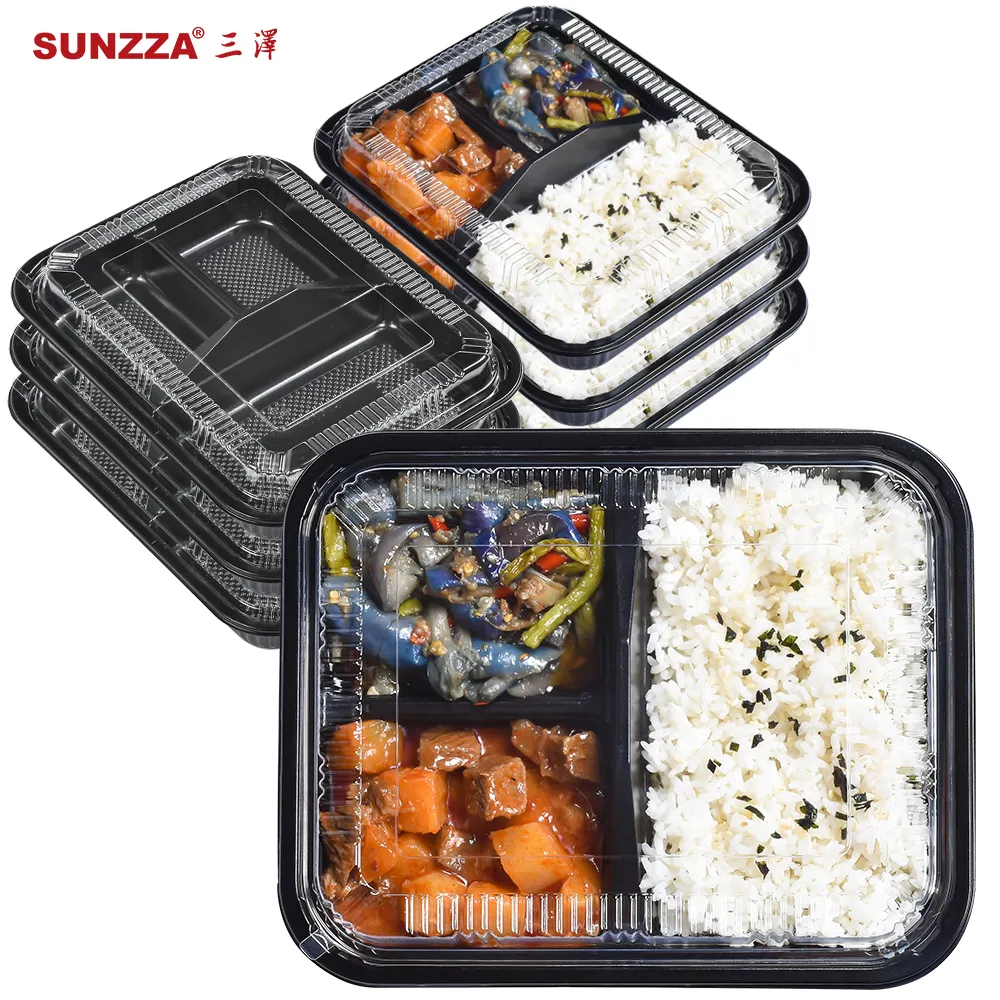 Sunzza gói lò vi sóng PP Takeaway bao bì thực phẩm nhựa 3 ngăn rõ ràng container thực phẩm dùng một lần cho thực phẩm Takeaway