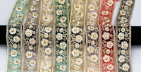 Ruban de Dentelle en Organza Brodé Fait Main Largeur 3,5 cm avec Perles, Paillettes et Nacre, Bordure en Tulle pour Col de Vêtement et Robe