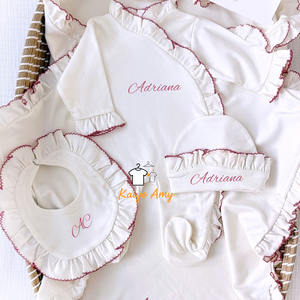 Conjunto de Ropa para Bebé Recién Nacido, Pijama con Ribete de Picot, Blanco, 100% Algodón, Pelele con Volantes, Baberos - Product Image 1