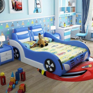 Lit pour enfants en cuir <span class=keywords><strong>bleu</strong></span> moderne en forme de voiture, cadre en bois personnalisable en couleur et en taille, meubles pour les chambres des garçons et des filles - Product Image 1