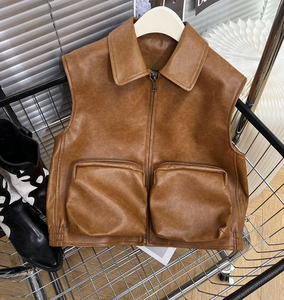 Nouveau <span class=keywords><strong>gilet</strong></span> en cuir véritable rétro pour femmes avec grandes poches, <span class=keywords><strong>gilet</strong></span> en cuir <span class=keywords><strong>sans</strong></span> manches vintage - Product Image 3