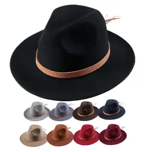 Hot Sale Western Cowboy Style 55センチメートル57センチメートルFlat Wide Brim Pure Wool Felt Fedora HatためWomen Men Autumn Winter Fashion Warm Dress