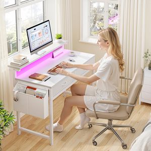 Bureau d'ordinateur à domicile SENYU 31 pouces avec 2 tiroirs et éclairage LED, support d'écran latéral, table d'étude et d'écriture pour petit espace - Product Image 4