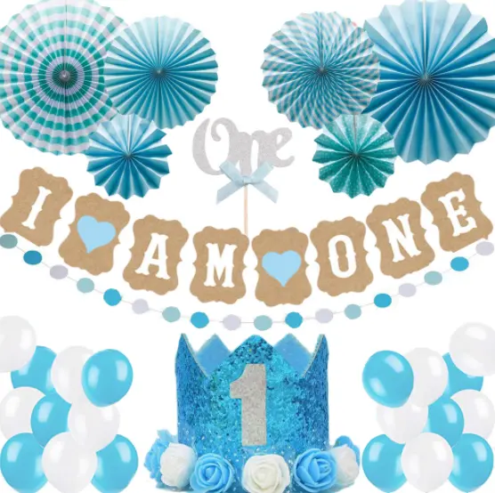 ブルー/ピンクIAMONEペーパーファンバナードットガーランドバルーンベビーシャワー用クラウンケーキトッパー1つの誕生日パーティー用品の装飾