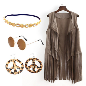 Nouvel ensemble hippie années <span class=keywords><strong>60</strong></span>-70 : Gilet, Bandeau, Lunettes de soleil, Collier, Boucles d'oreilles, Cardigan à franges – Idéal pour Halloween, Soirées dansantes, Disco, Cosplay - Product Image 5