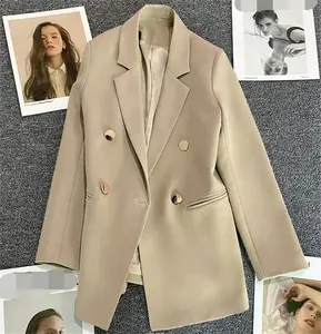 2023 toptan moda kadın mont tasarımcı rahat uzun kollu çift düğme takım elbise ofis bayanlar gevşek Blazer