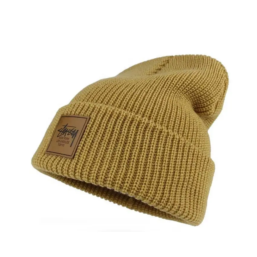 Wholesale Custom High Quality Leather Patch Logo Colorful Winter Hat Fisherman Beanies Men Women Wool Acrylic Knitted Beanie Cap