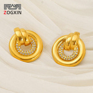 Gold Round Hoop <b>Stud</b> <b>Earrings</b> With <b>Crystal</b> Inlay Geometric Design Everyday Wear - Product Image 2