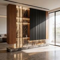 Meuble TV moderne avec LED et panneau en marbre, console multimédia en bois de noyer pour salon, sur mesure