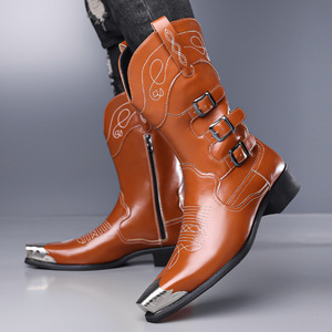 Bottes Western pour Hommes, Longueur Genou, Broderie Faite Main, Fermeture Éclair, Grande Taille, Style Cowgirl, Idéales pour l'Équitation - Product Image 2