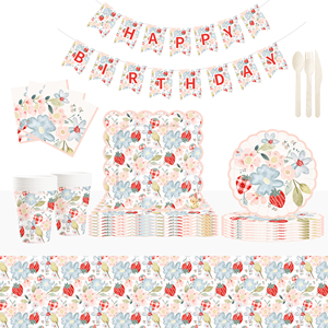 DAMAI Fournitures de décoration d'anniversaire sur le thème de la fraise, Assiettes en papier, Serviettes, Vaisselle jetable, Thème fruits pour anniversaire - Product Image 1