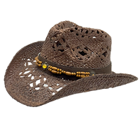 Chapeau de cowboy en paille marron foncé ajouré en gros |   Chapeaux de plage d'été personnalisés en bois et cuir pour femmes et hommes, parfaits pour les festivals et les fêtes