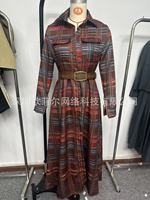 Robe longue à manches longues pour femme, nouvelle collection, avec ceinture, motif écossais, style chemise maxi