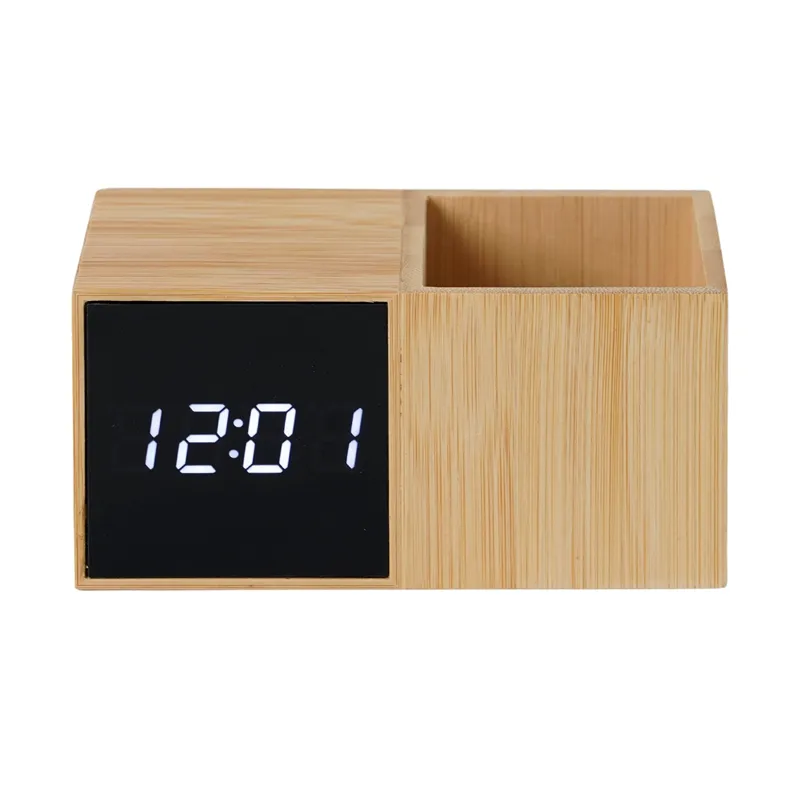 DIY Office Bamboo Decoration Electronic Unique Desk Table Digital LED Alarm Clock with Pen Holder