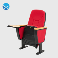 Chaises d'auditorium en tissu rouge et plastique avec tablette d'écriture escamotable, plaque numérotée, accoudoir en bois clair, pour théâtre et église